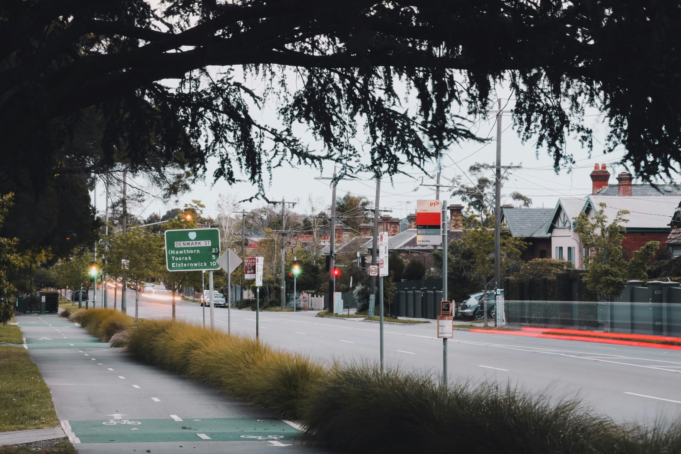 View of a Melbourne street and bike lane.