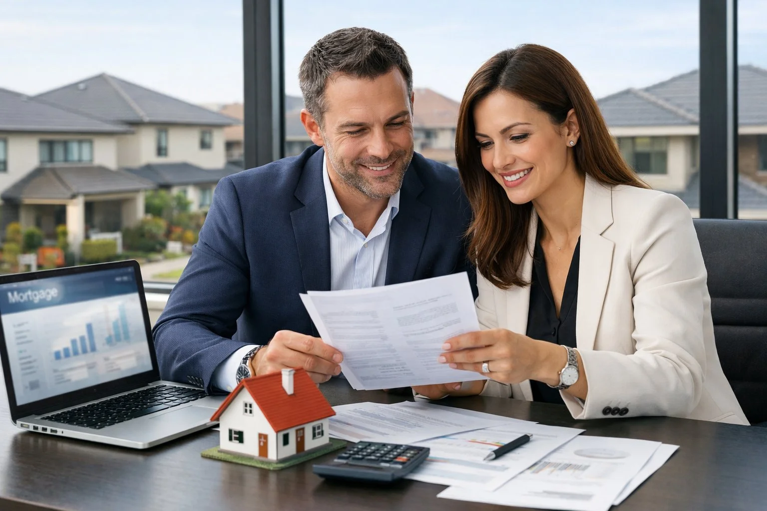 Business professionals in Melbourne South East reviewing home loans with laptop and property papers