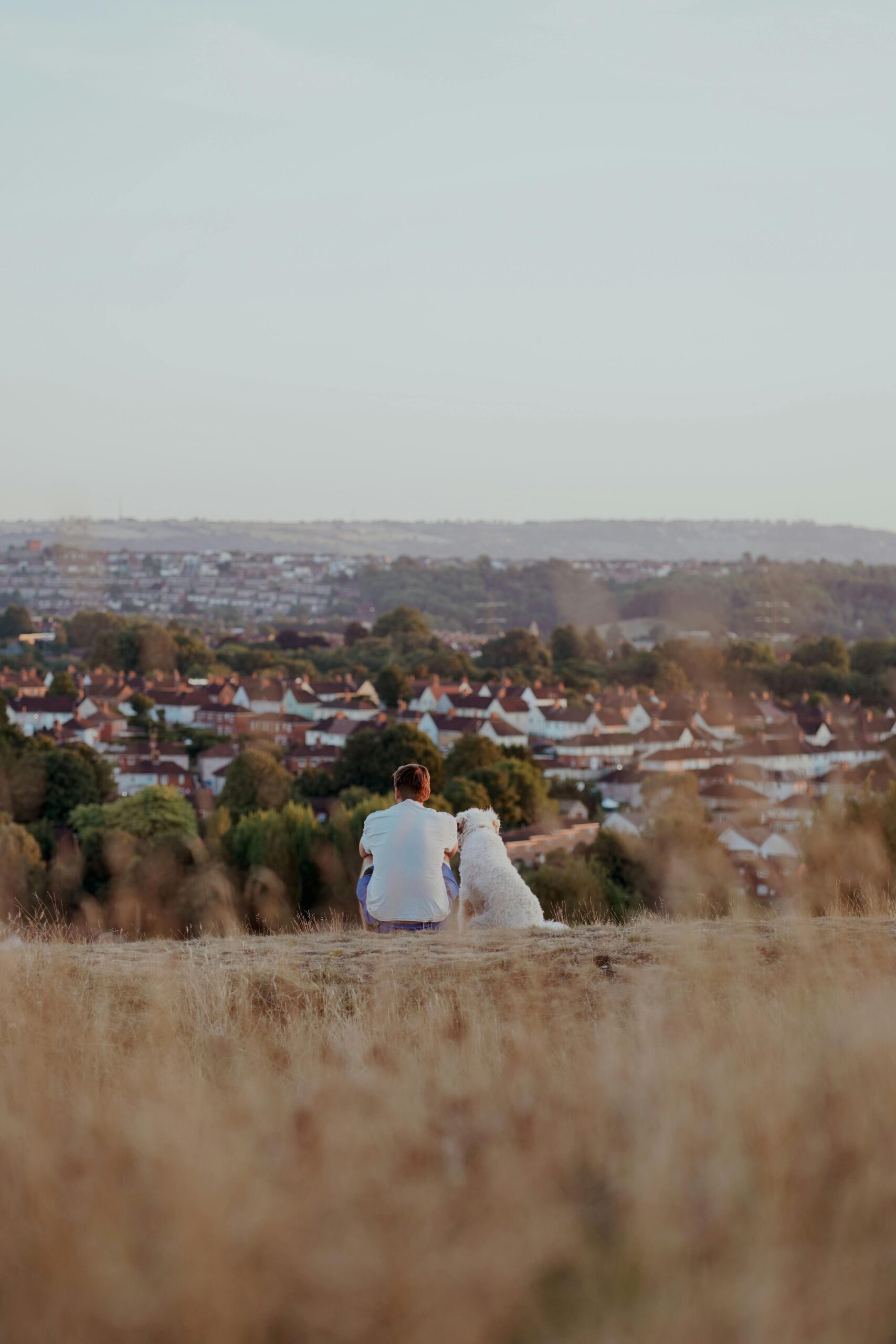 A couple sitting on a hill overlooking a town.
